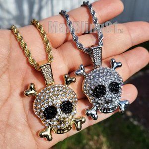 Iced SKULL Pendant & 4mm 24" Rope Chain Bling Hip Hop Gold Silver Necklace